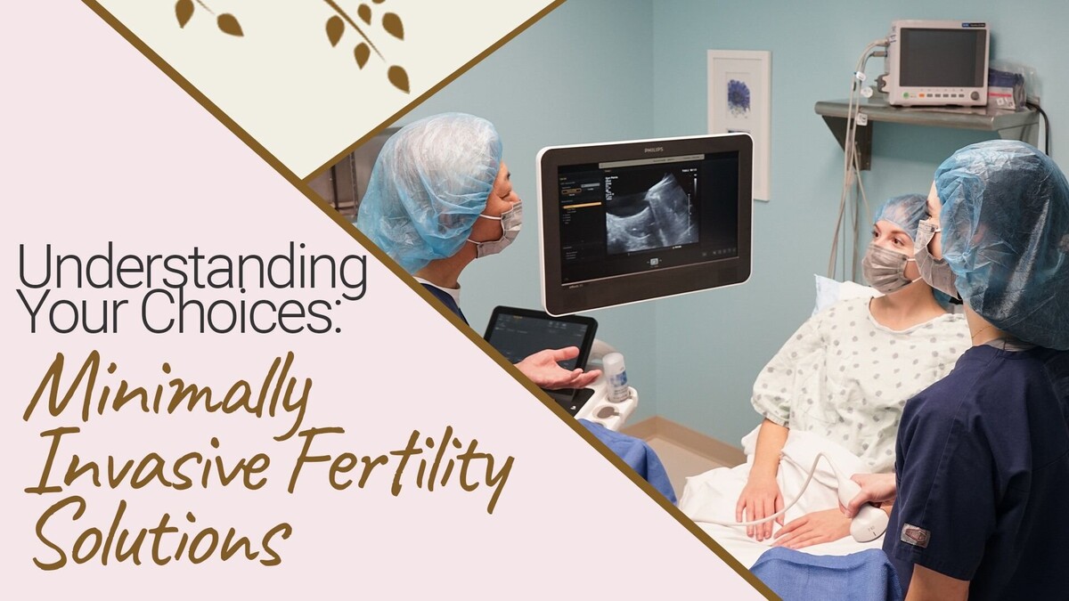 two individuals in scrubs talk to a patient while they all look an ultrasound text reads understanding your choices minimally invasive fertility solutions